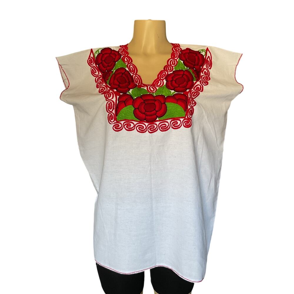 Mexican Embroidered Blouse Artesanal Floral Top White Cotton Boho Festival